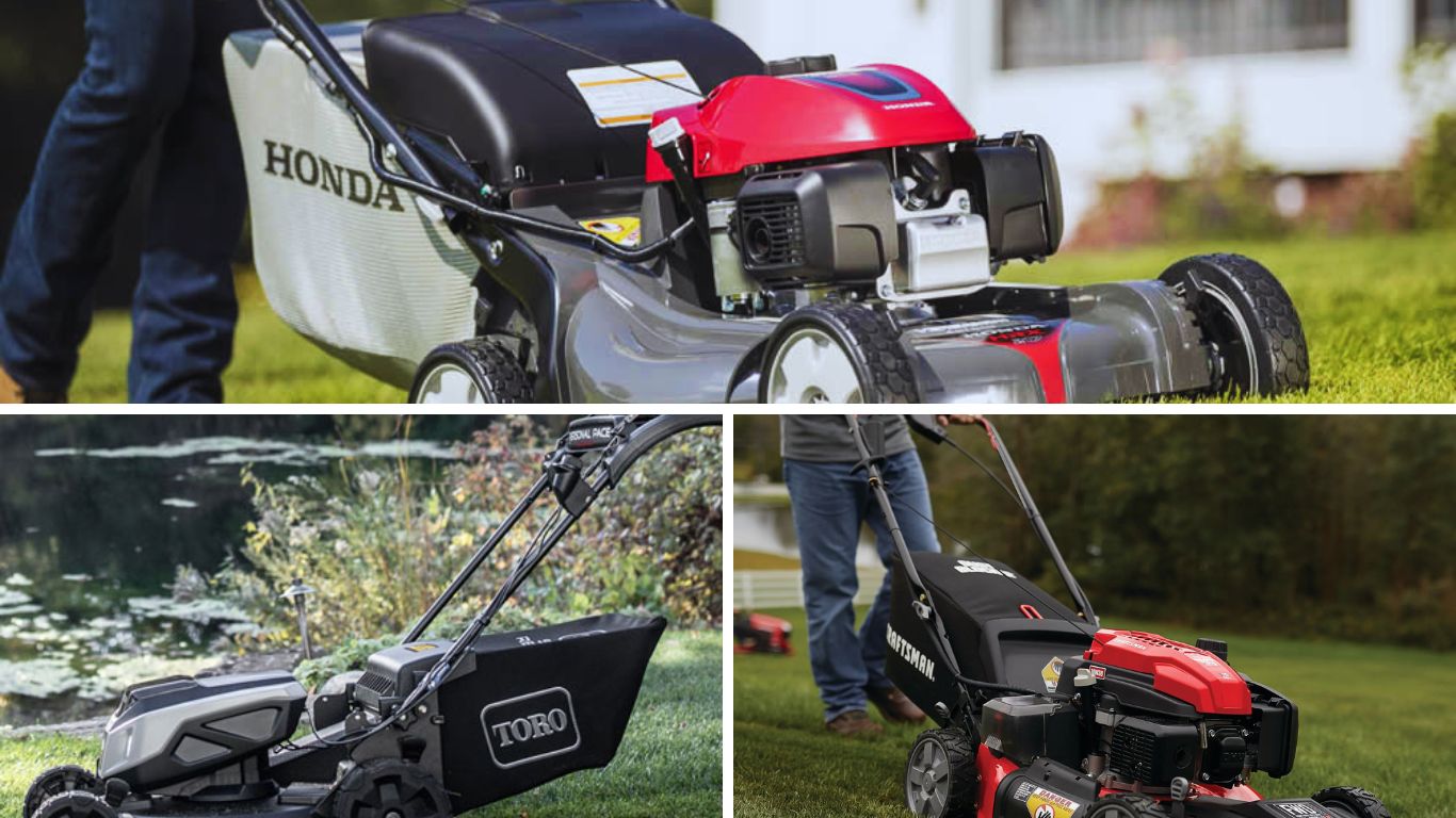 Collage of three different lawn mowers, including Honda, Toro, and Craftsman models