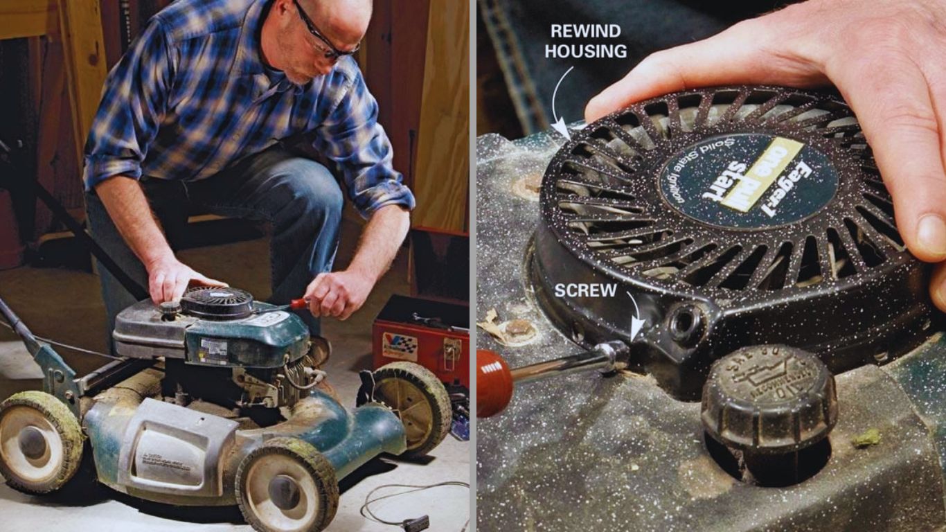 Man tightens lawn mower screws in a workshop while repairing the recoil starter
