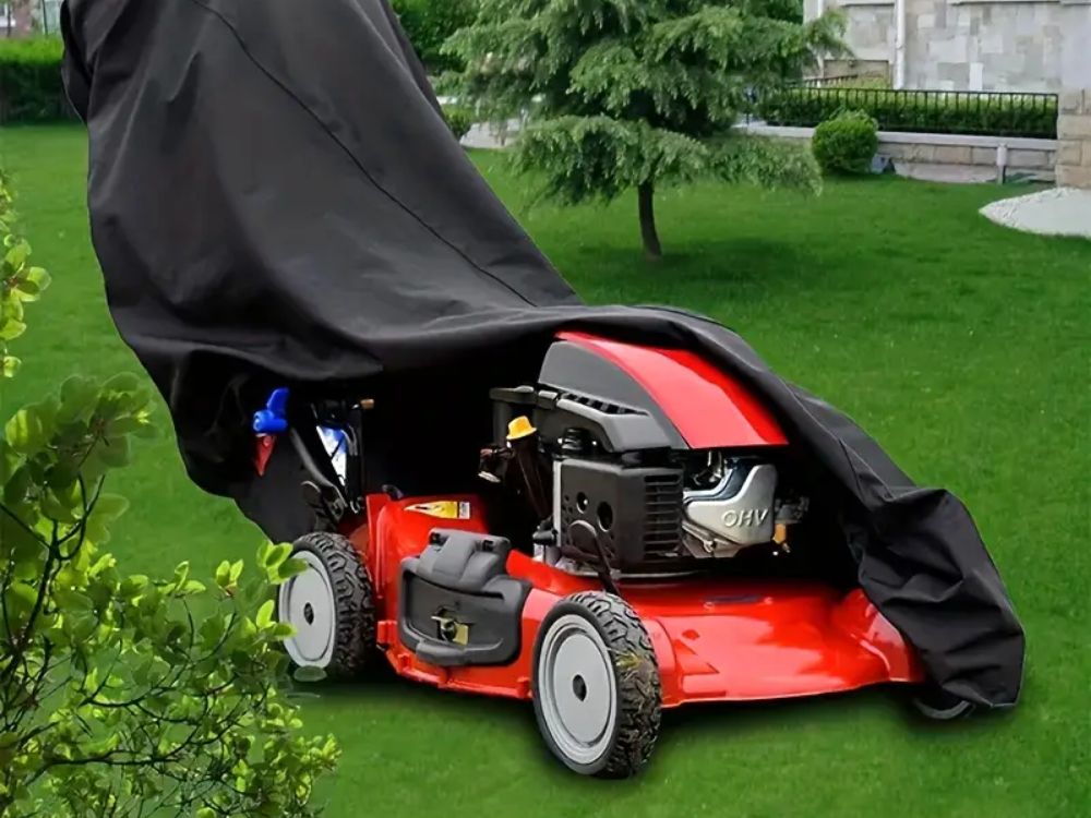 ed lawn mower partially covered with a black cover on a neatly trimmed green lawn.